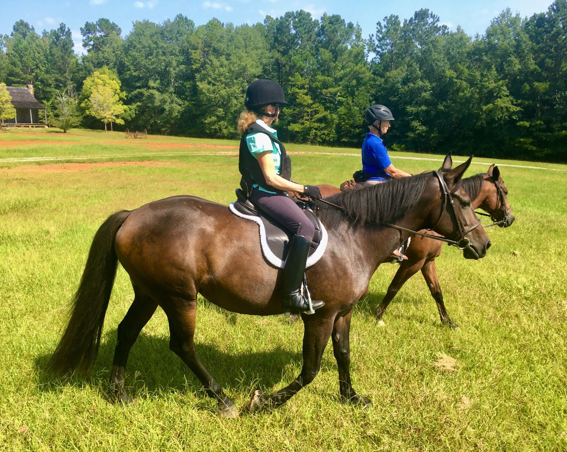 two people riding horses in field