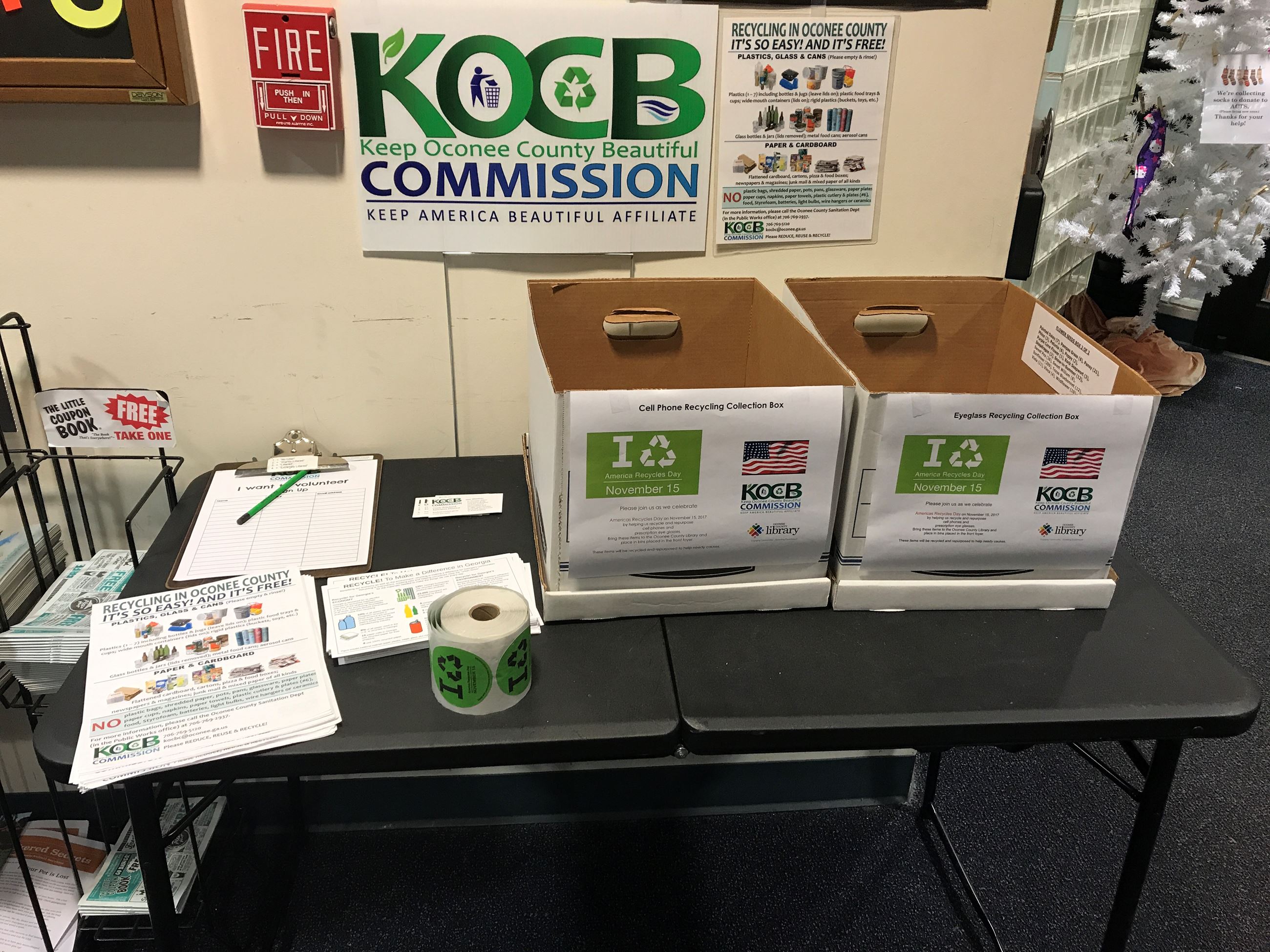 America Recycles Day table at the Oconee Library where YAC held monthly meetings