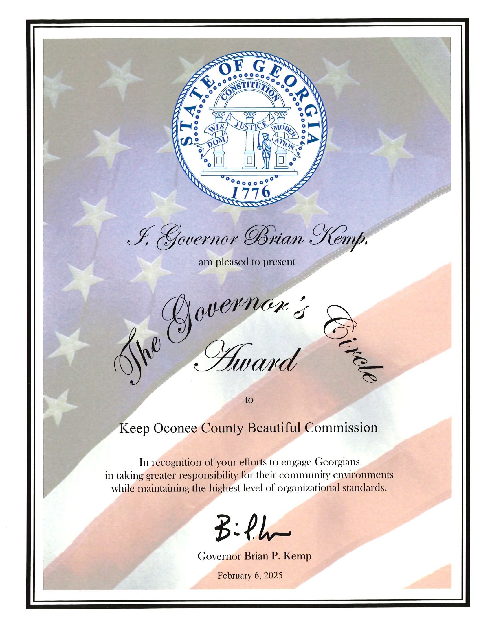 Governors Circle Award Award Recognizing Keep Oconee County Beautiful Opens in new window