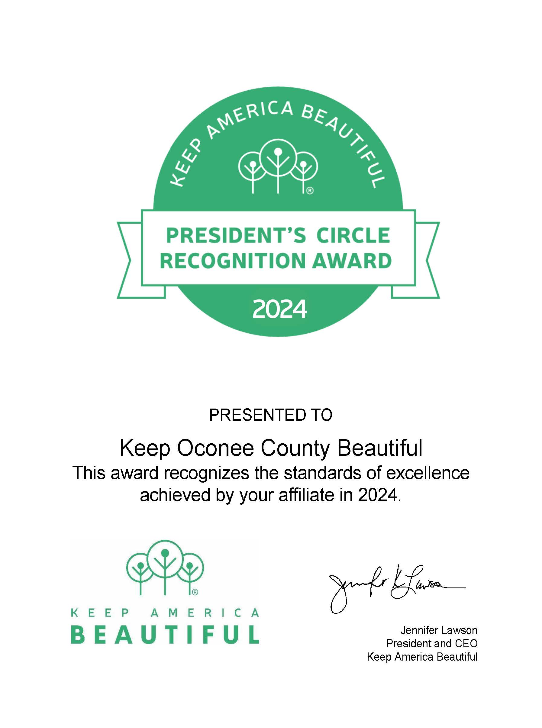 Keep America Beautiful President’s Circle Recognition Award Certificate